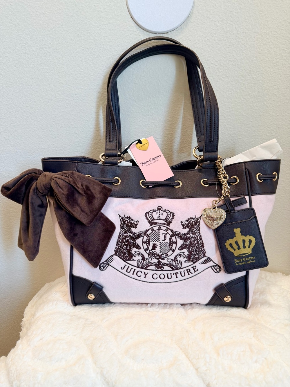 Juicy Couture Pink and Brown Tote with Crest and Bow